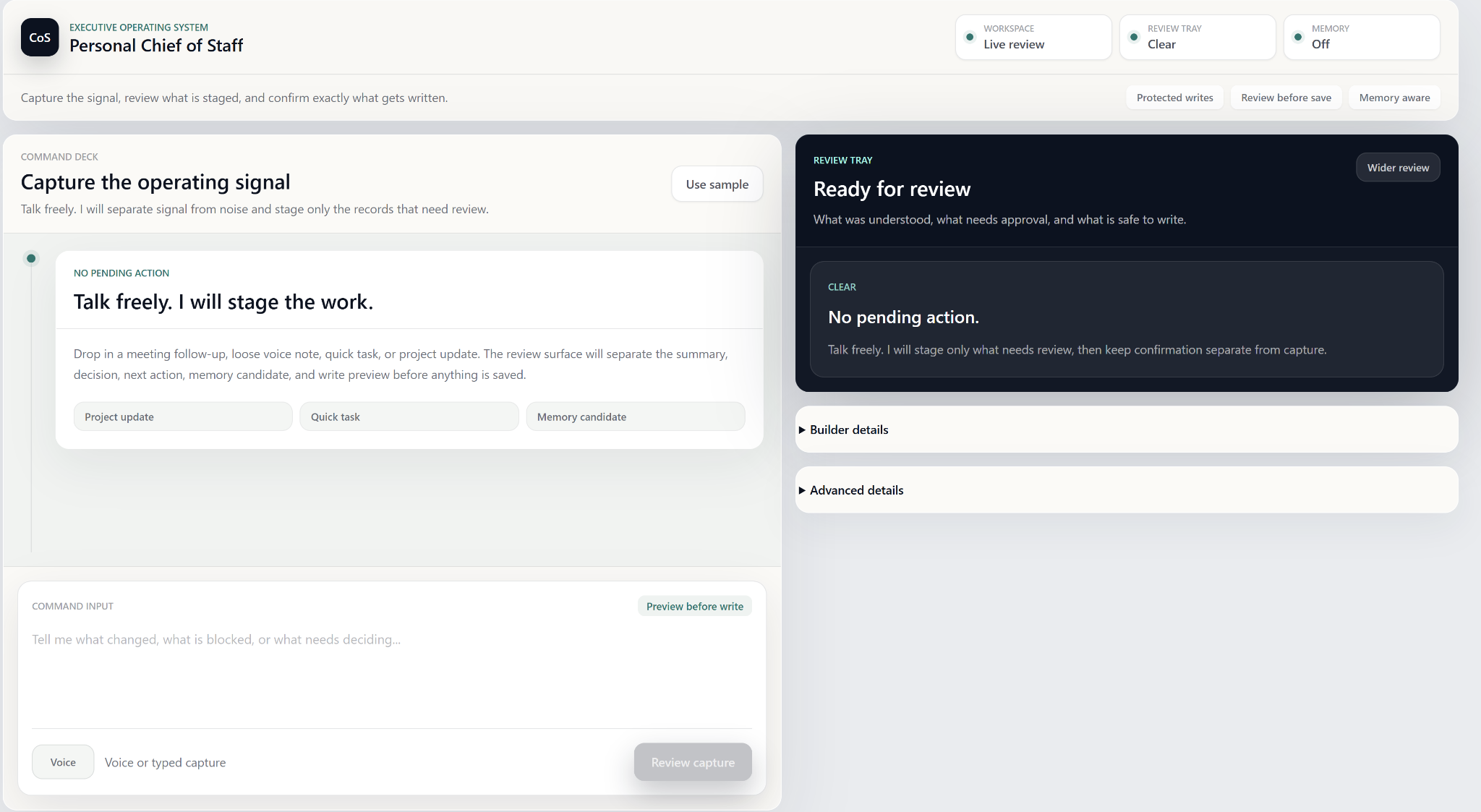 Personal Chief of Staff capture and review interface showing staged updates, review tray, protected writes and memory status.